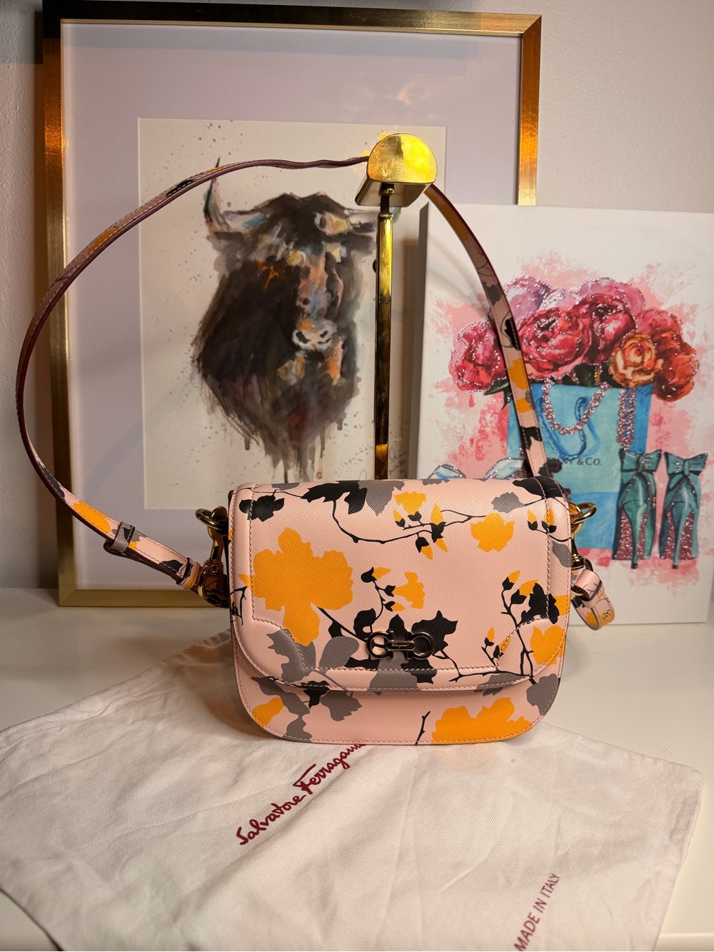 Salvatore Ferragamo Pink Floral Print Leather Crossbody